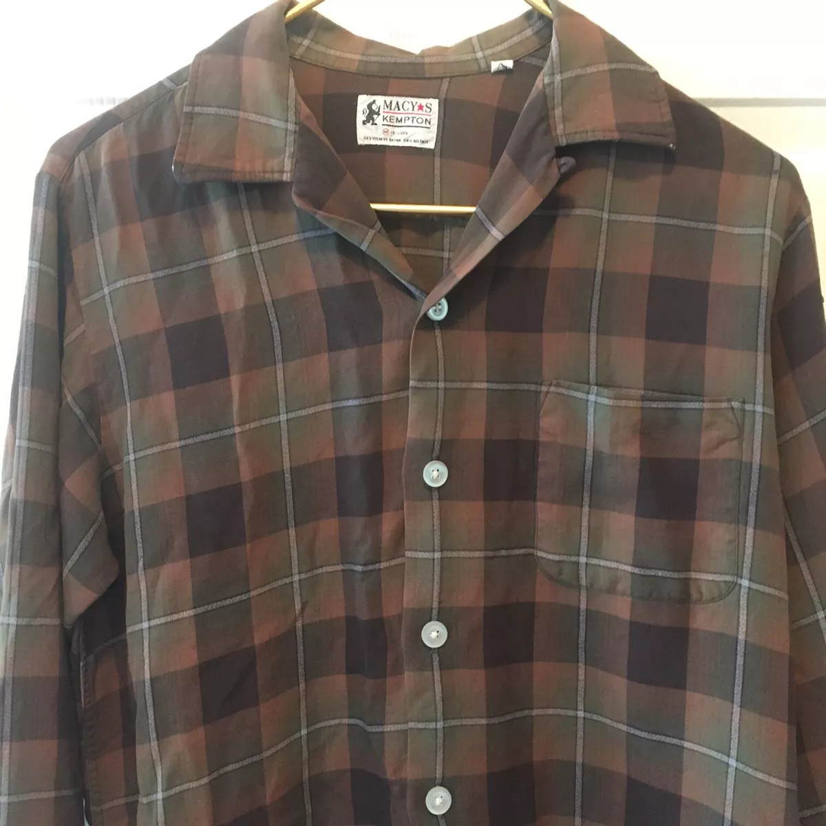 vtg MACY'S Kempton shadow plaid Shirt 1950-60s Rayon Rockabilly Loop Collar M