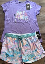 NWT Under Armour YXL Girls Lavender/Teal/Multi SKY IS NOT THE LIMIT Shorts Set