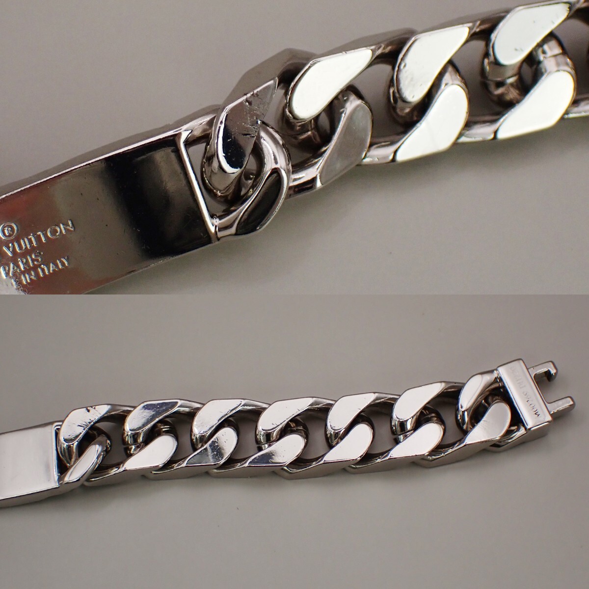 Louis Vuitton シルバーバングル LOUIS VUITTON LV Logo Monogram Chain Bracelet Bangle Silver