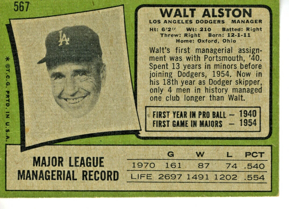 MLB 1971 Topps Walt Alston Dodgers Mid-Hi Number #567 Baseball Card NM - Mint - Image 2 of 2