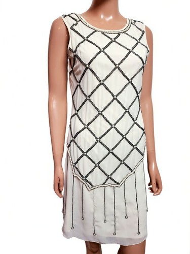 BOOHOO PARTY DRESS UK8 IVORY GATSBY STYLE PEARLS EMBELLISHED SHORT SLEEVELESS#14 - Picture 4 of 9