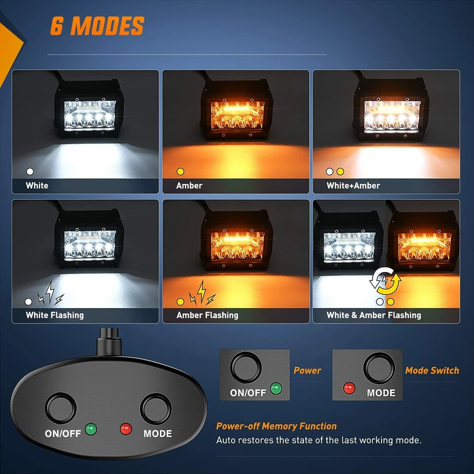 Kits de chicote de fios 2x 4" 60W LED barra de luz estroboscópica âmbar e branco combo pods - Imagem 3 de 4