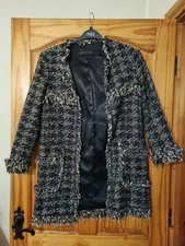 Zara black white metallic fringed coatigan size XS Bust 34 