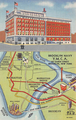 Brooklyn Navy Y. M. C. A. 167 Sands St Brooklyn NY Map Linen 40s Postcard