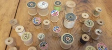 Mixed Lot Of 31 Empty Wooden Thread Spools Some have Labels Display Or Crafts 