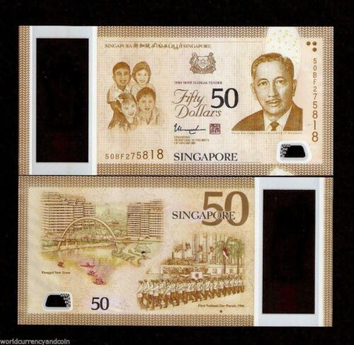 SINGAPORE 50 Dollars SG50 Prefix Blue Serial # 2015 Polymer Commemorative UNC BN - Picture 2 of 2