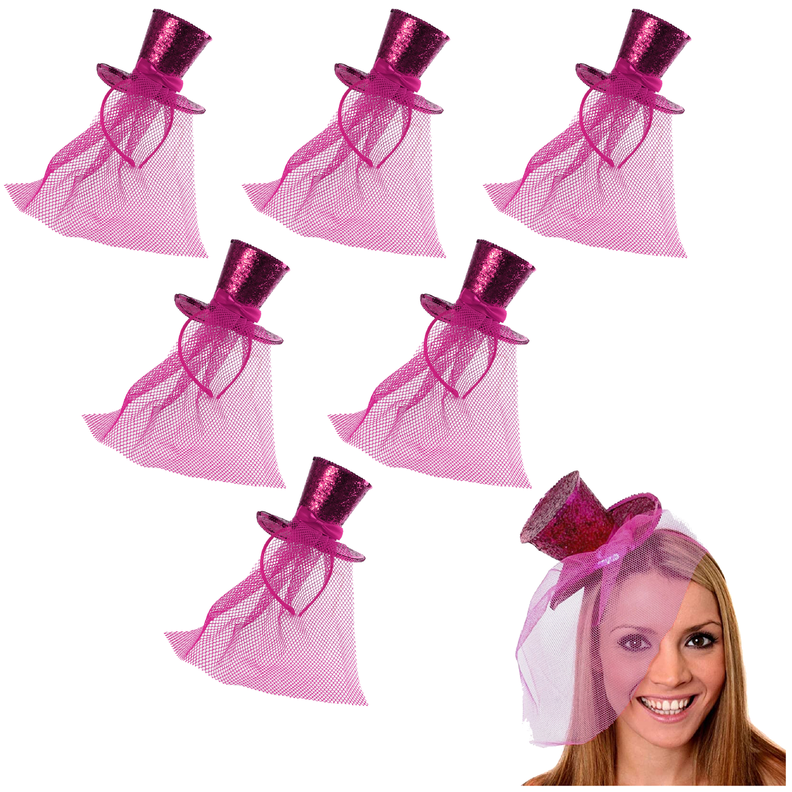 6 X MINI GLITTER TOP HAT HEADBAND VEIL LADIES BURLESQUE HEN NIGHT FANCY