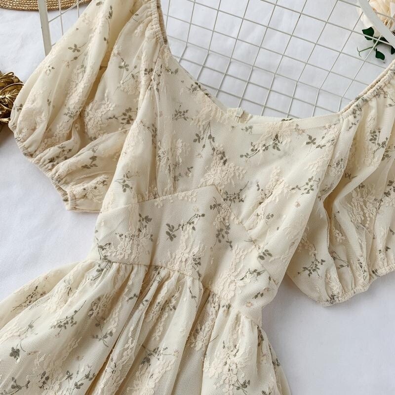 Women Girl Floral Tea Dress Puff Short Sleeve Mesh Ruffle Retro Lace ...