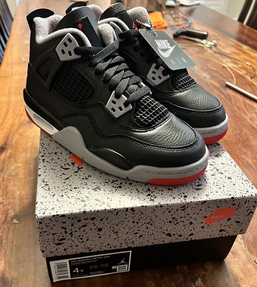 Air Jordan 4 Retro (GS) Black/Fire Red Cement Grey Size 4Y | eBay