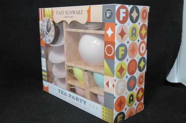 F.A.O. Schwarz 9 Piece Ceramic Tea Party Set for Kids, Pink Pot & Cups (NM)