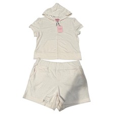 Juicy Couture Terry Cloth Tracksuit Set Hoodie Shorts Cream Rhinestone Logo L