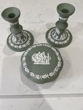 Wedgewood Candlesticks And Trinket Dish In Sage Green