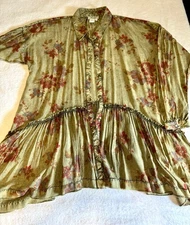 True Luxe Ladies XL Oversized Boho Shirt Fall Colors Acid Wash Green Flowey