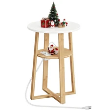 Round Side Table with Charging Station, Round Accent End Table with Bamboo Le...