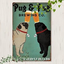 Vintage Pug Wall Art Rustic Tin Metal Sign Dog Decor with Beer 8x12