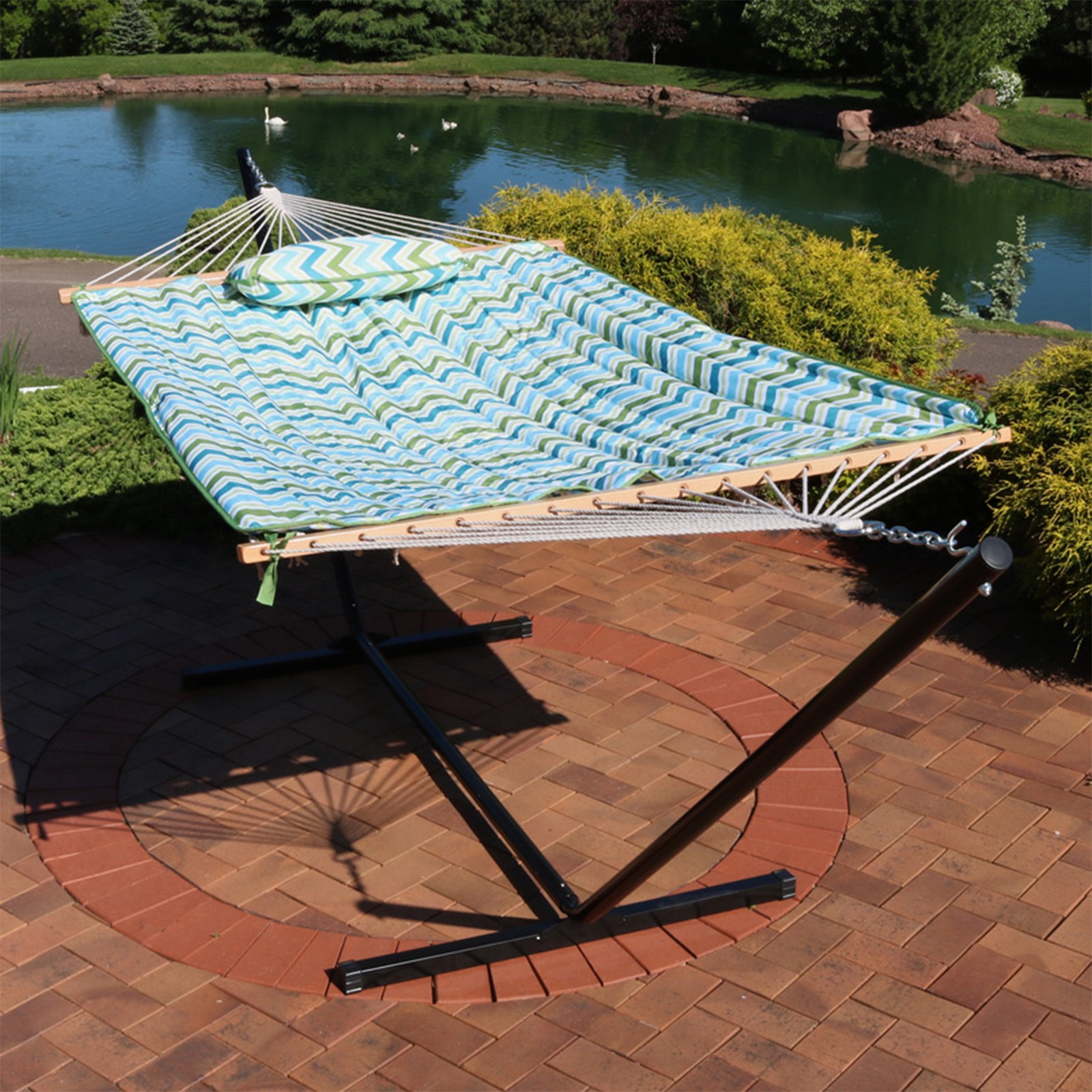 Large Rope Hammock with Steel Stand and Pad/Pillow - Blue/Green by Sunnydaze