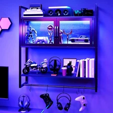 Wooden Gaming Floating Shelves With LED Wall Mounted Acrylic Door Display Shelf