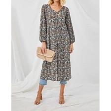 Hayden LA Womens Blue Floral Puff Sleeve Button Front Midi Duster Boho Medium