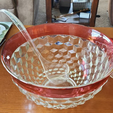 Faceted Glass Punch Bowl Set Red Rim Geometri...