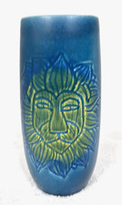 Vintage Signed MCM Sascha B Pottery Vase Blue with Yellow Green Lion Face Mane
