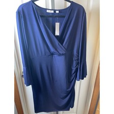 New York & Company Navy Blue Faux Wrap Ruched Bell Sleeve Dress XL NWT