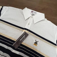 Vintage Slazenger Polo Shirt Mens XL White Beige Navy Striped Golf Windmill 90s