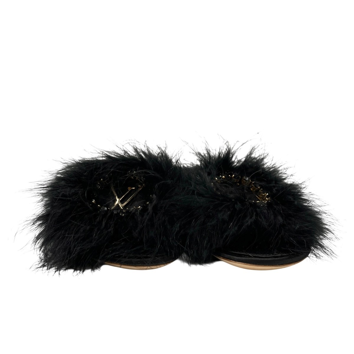 LOUIS VUITTON LV Bijou Logo Fur Flat Sandals #36 Rhinestone Black
