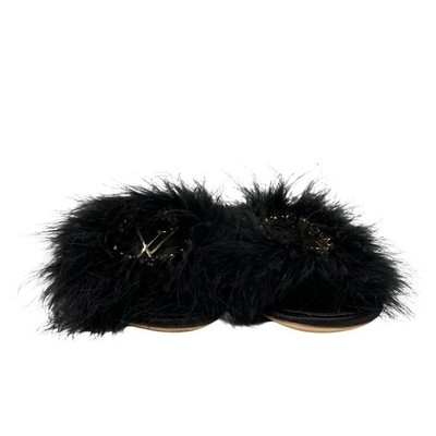LOUIS VUITTON ルイヴィトン LVロゴ ファー ビジュー マリリン サテン ファー サンダル ブラック レディース LOUIS VUITTON LV Bijou Logo Fur Flat Sandals #36 Rhinestone Black
