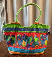 Colorful Fish Sun N Sand Canvas Hand Bag Tote By Laurel Burch Beach Travel
