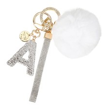 Initial Letter A Keychain with Pom and Rhinestone Wristlet, White