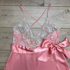 Victoria's Secret Gold Label Pink Satin Lace Top Full Nightgown Maxi Dress Bow