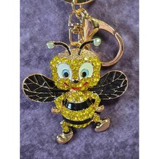 Sparkling Rhinestone Bee Keychain Charm Gold Tone Black Wings Cute Bag Accessory