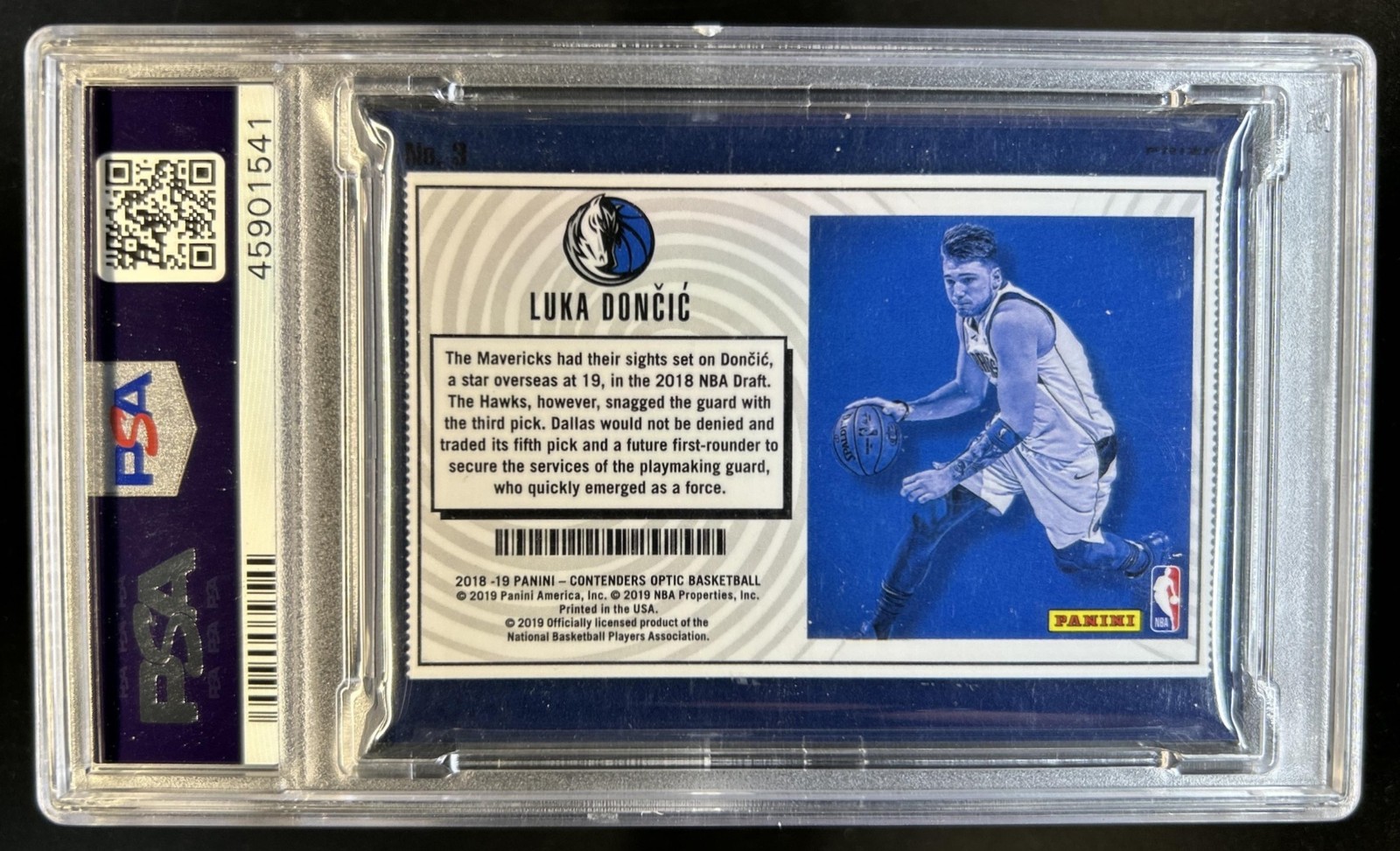 2018-19 Contenders Optic Luka Doncic Lottery Ticket Blue Cracked Ice RC #3 PSA 9 view 2