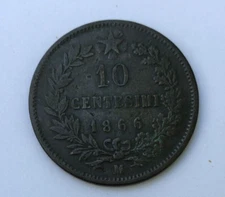 1866 M ITALY  Vittorio Emanuele II 10 Centesimi Bronze Coin  KM#11.1