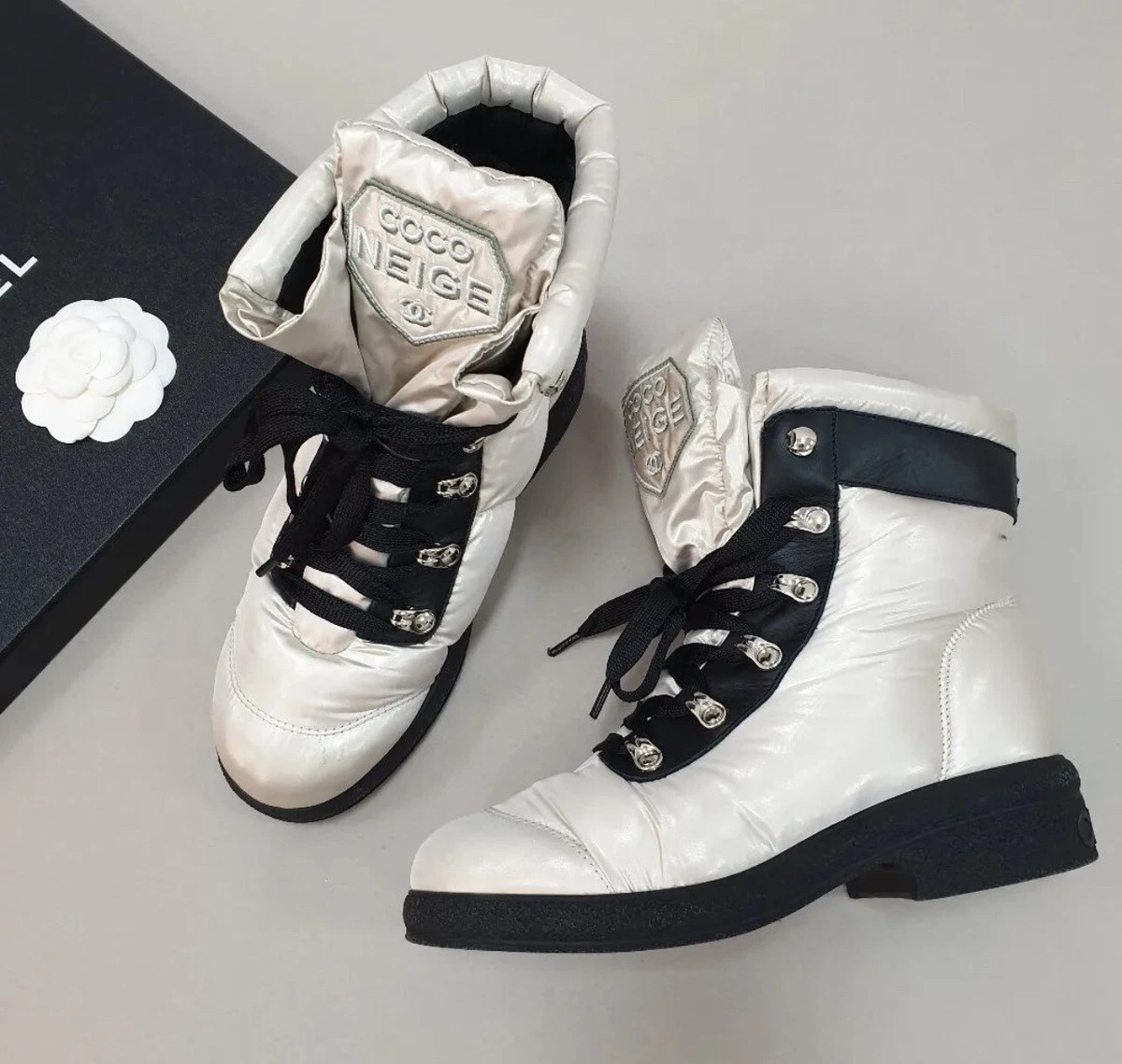 CHANEL 18B Nylon Leather Lace Up Coco Neige Winter Boots Sz.36.5