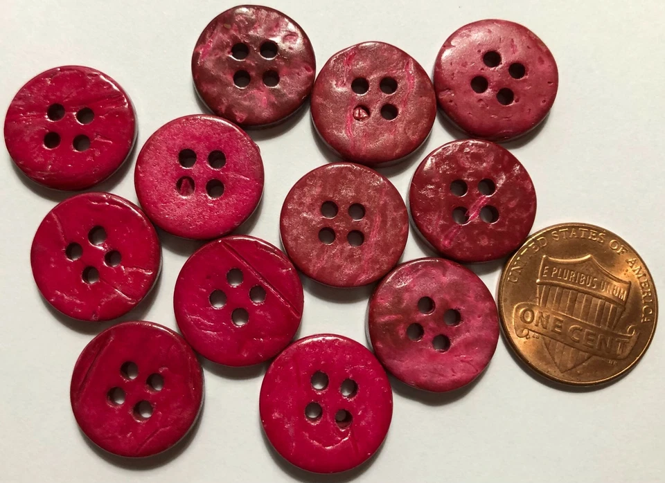 12 Pinkish Red Dyed Natural Coconut Shell Sew-through Buttons 9/16" 15mm # 7332 - Image 2 of 2