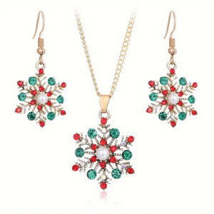 Authentic 3 PCS Snowflake Earrings Necklace Set Gold Plated Shining Rhinestone Christmas