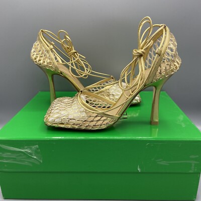 Bottega Veneta Gold Metallic Web Stretch Sandals Heels UK EU