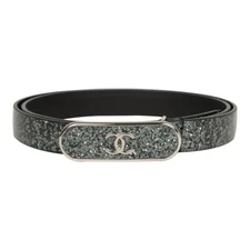 Chanel thin green glitter leather belt oval buckle silver trim CC  Logo 30/32