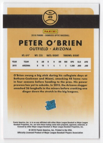 2016 Donruss Optic RATED ROOKIE Peter O'Brien Arizona Diamondbacks #49 - Picture 2 of 2