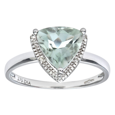 Verlobungsring 9 kt Weißgold 2 kt grüner Trillion Amethyst & Diamant UK-Punze