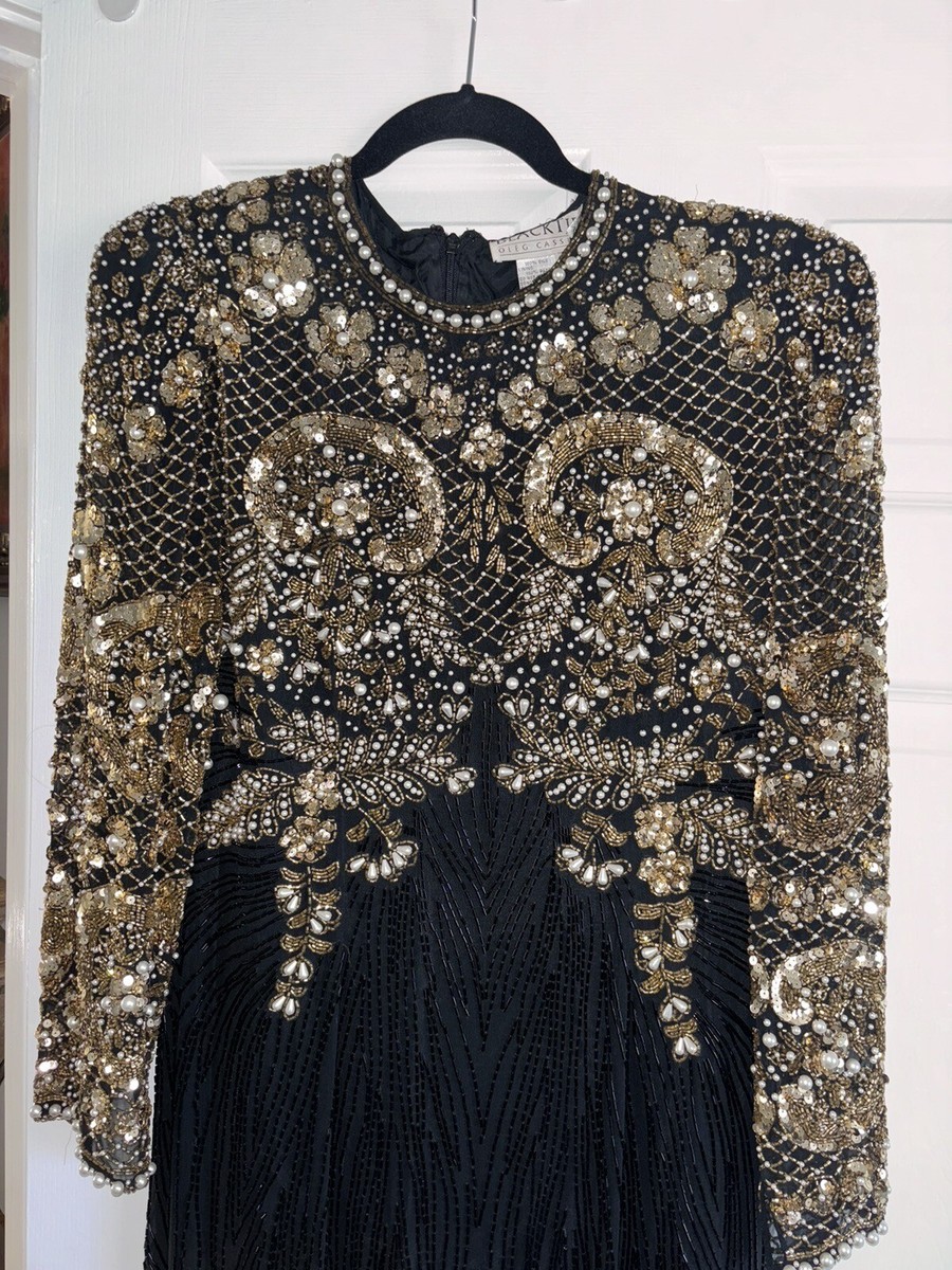 oleg cassini black tie dress Furlla Women Sexy Black V Neck A Line Prom Dress with Sparkly Beaded Layers  and Thigh Slit – Furlla Official main image 0