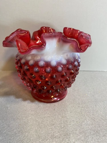 Fenton Cranberry Glass Opalescent Hobnail Ruffled Rose Bowl Signed Chris Fenton