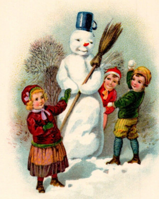 1930 GERMANY New Year Po Boy Throws Snowball at Girl Near Snowman