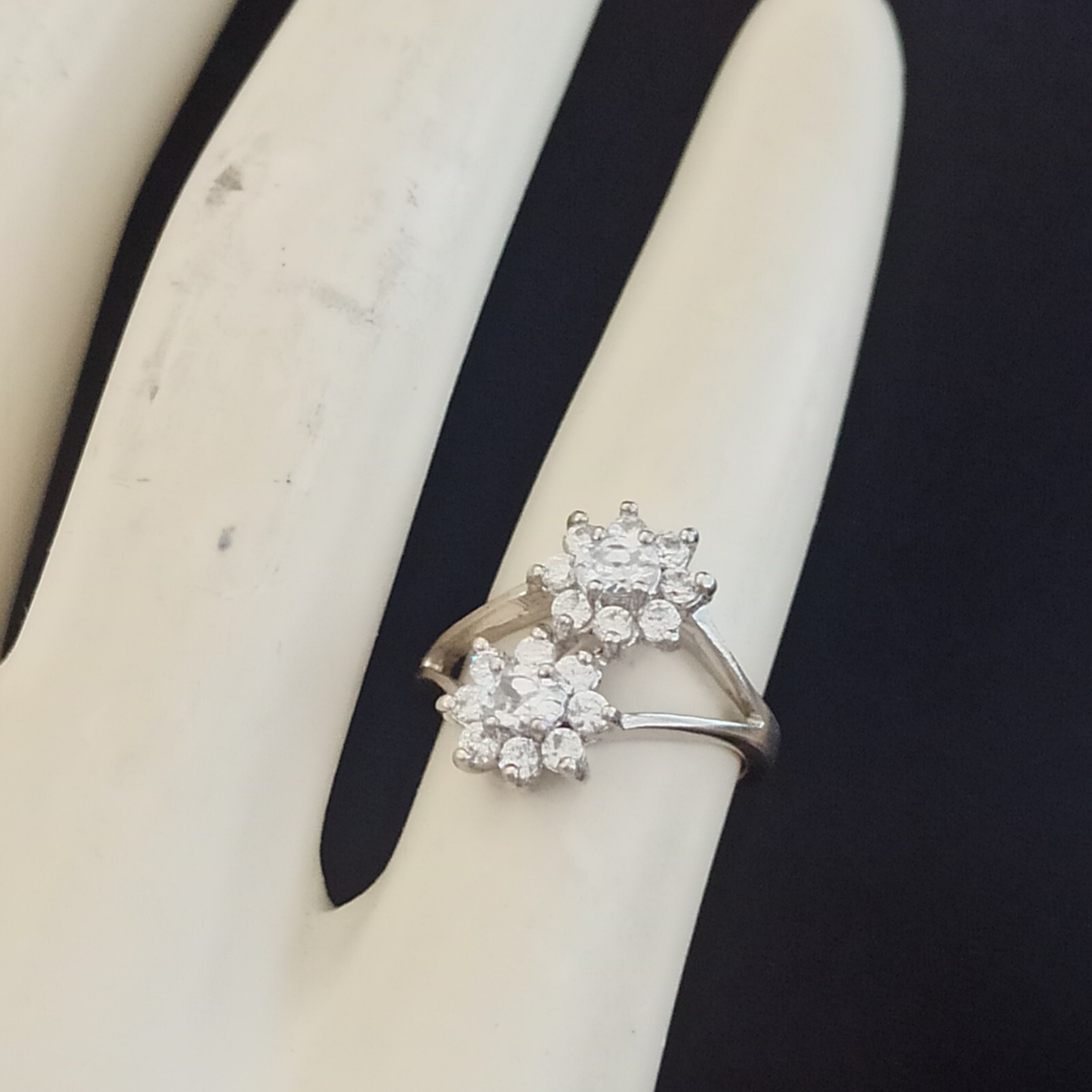 Silver Ring Simulated Diamonds Double Flower Time… - image 7