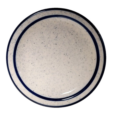 REGO RESTAURANT WARE SPECKLED DESSERT PLATE IVORY WITH 2 BLUE RINGS KOREA 5.5''
