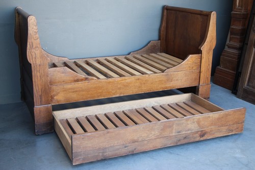 Antique French Empire sleigh bed daybed big drawer original 1820 solid oak - Picture 3 of 13