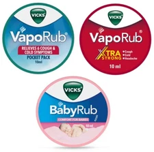 3 X Vicks VapoRub, BabyRub & Extra Strong 10ml Each