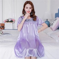 Lady Floral Satin Nightdress Short Sleeve Lace Nightwear Pyjamas Nightgown Soft
