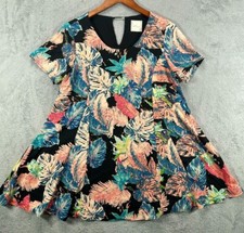 ELLUI Womens Small Tropical Mini Dress Black Multi Palm Leaf Hawaii Short Sleeve